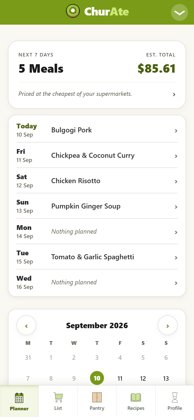 The ChurAte planner: a week of meals with an estimated total, in the app itself